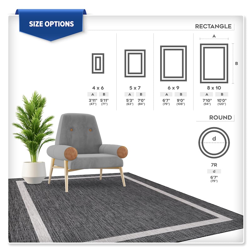 Beverly Rug Bordered Indoor Outdoor Rug, Outside Carpet for Patio, Deck, Porch - Dark Grey