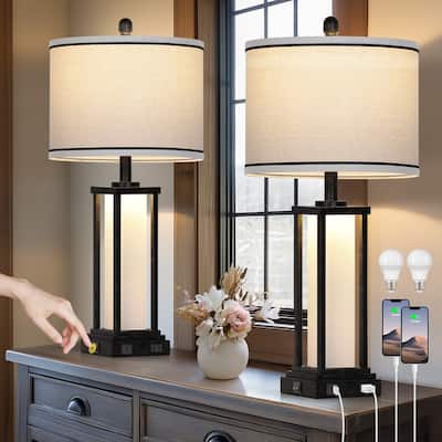 27" Lantern-Style Table Lamp with Linen Drum Shade, USB/Type-C Ports, AC Outlets & Night Light