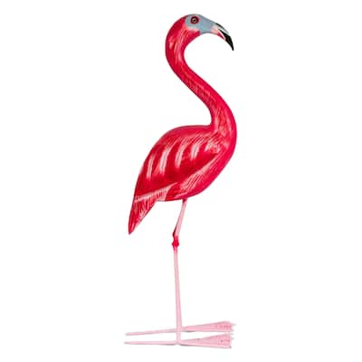 Wood Flamingo Figurine Hand Carved Tropical Bird Sculpture, Coastal Summer Decor