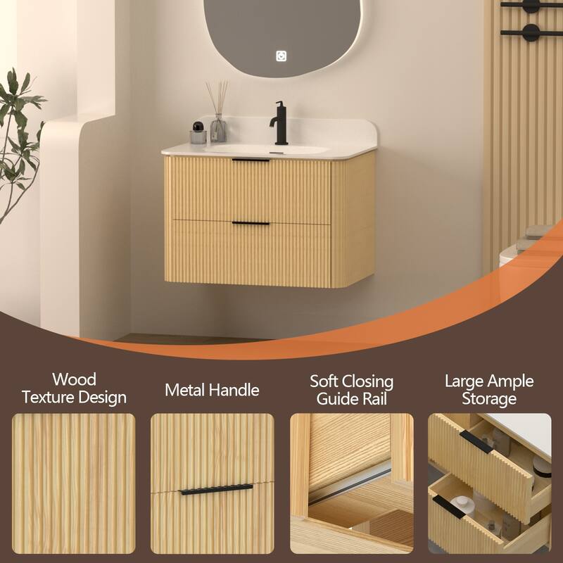 30" Floating Bathroom Vanity with Integrated countertop Rectangulare Sink Solid Wood