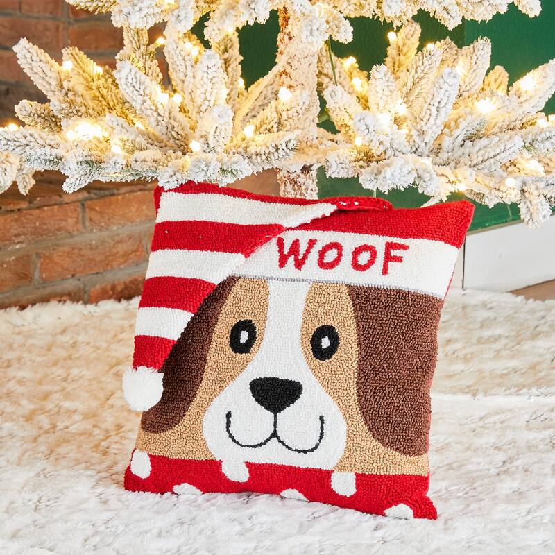 Glitzhome Hooked 3D Woof Dog Christmas Throw Pillow for Home Office Sofa Couch Bed