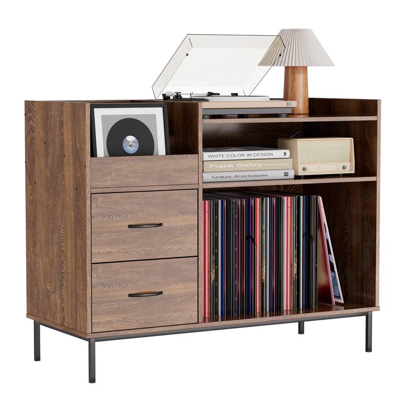 Record Player Stand with Power Outlet & Flip-Down Lid,Turntable Table with Storage,Media Console with 2 Drawers - Brown