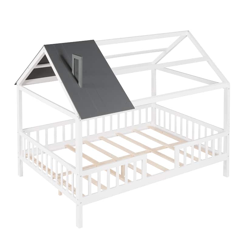 Full/Twin House Bed for Kids with Roof and Fence, Wood Platform Bed, Montessori Style