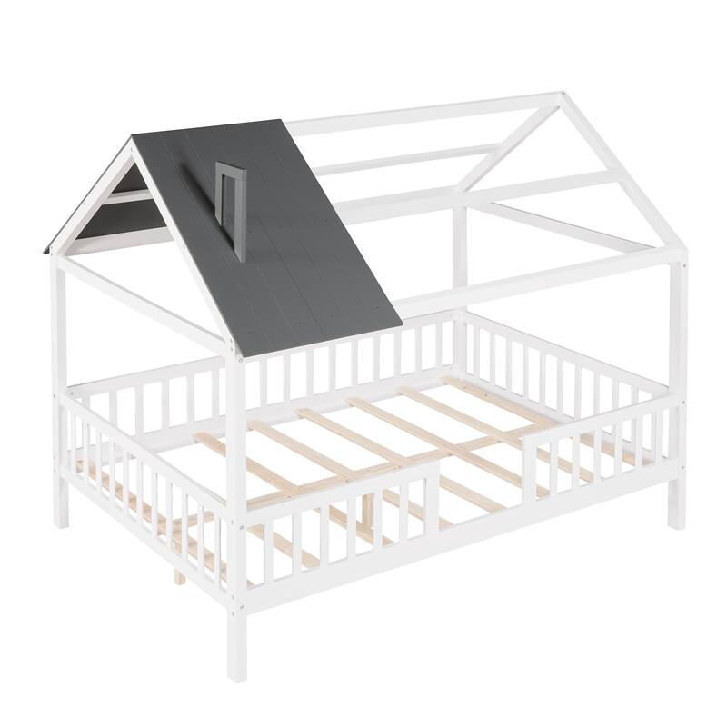 Platform Bed for Kids Teens, House Shaped Bed with Fence and Roof, Solid Wood Low Bedframe w/Slats Support, No Box Spring Needed