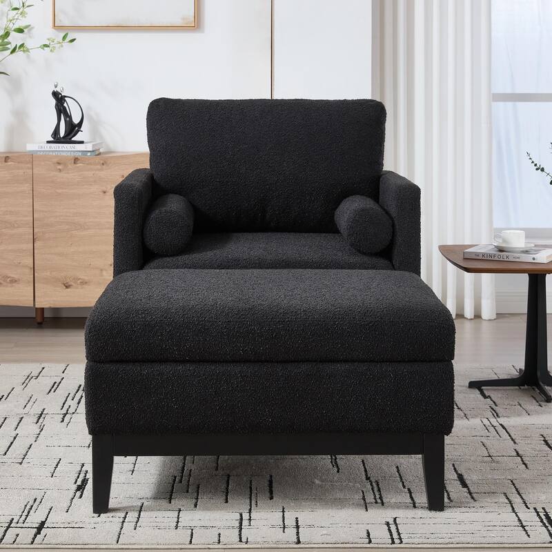 Boucle Armchair with Storage Ottoman - 300lb Capacity, Farmhouse Style