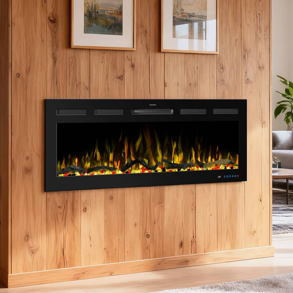 50" Black Crystal 1500W Heater Smart Recessed Wall Mounted Electric Fireplace with Remote and Alexa/Google Home Support