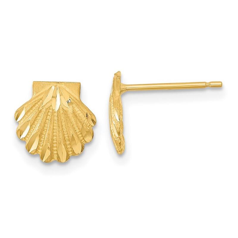 Curata 14k Yellow Gold 9mm Satin Sparkle Cut Seashell Post Earrings