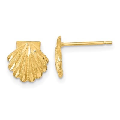 Curata 14k Yellow Gold 9mm Satin Sparkle Cut Seashell Post Earrings