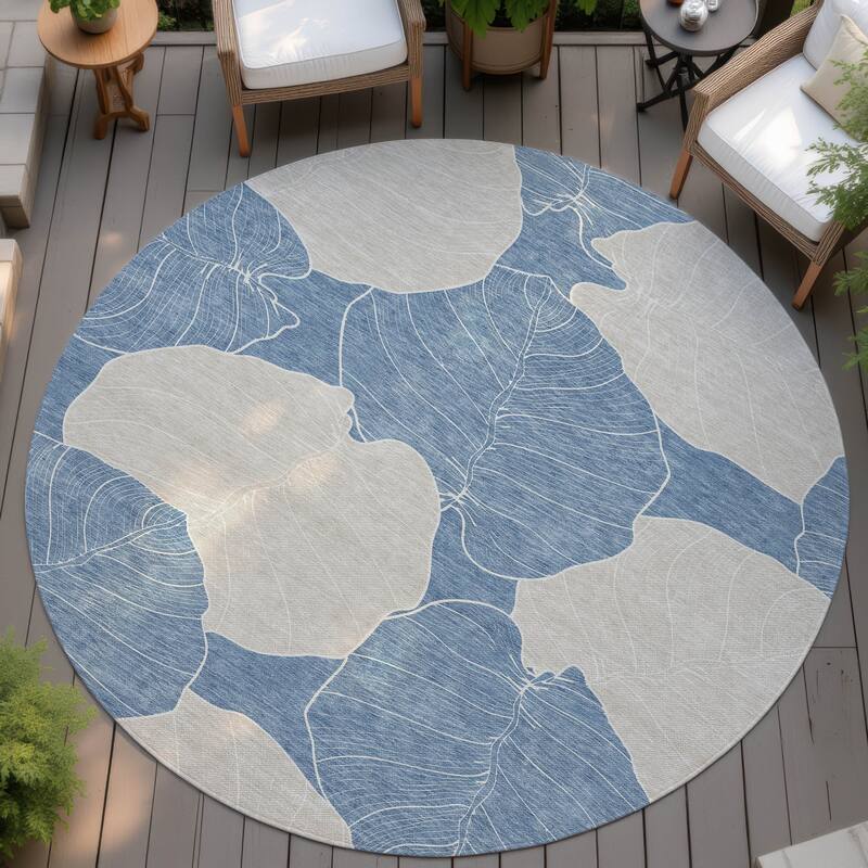 Machine Washable Indoor/ Outdoor Tropical Floral Chantille Rug - Denim - 8' x 8'