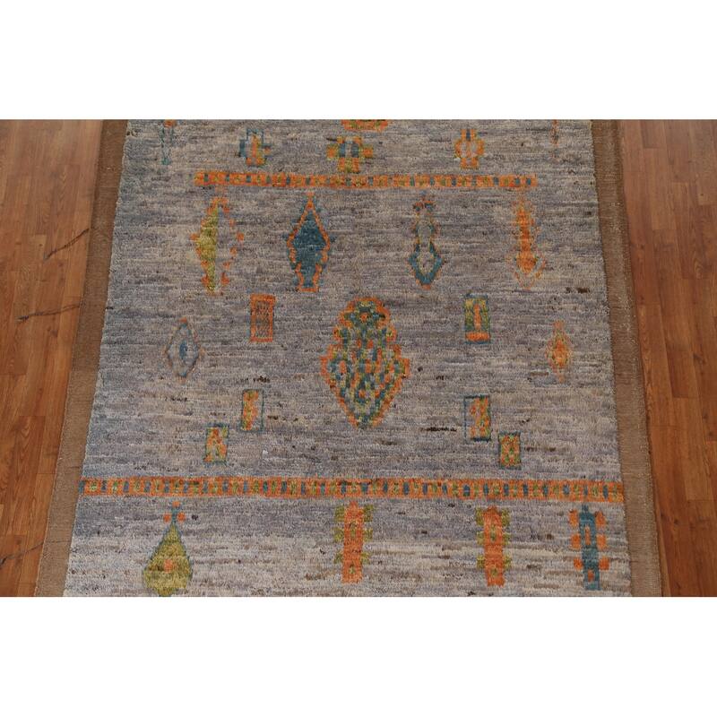 Hand Knotted Oriental 100% Wool Carpet Modern Tribal Greys & Charcoal Moroccan Area Rug - 9' 10'' X 6' 2''