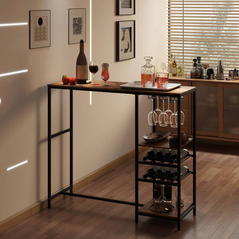 Costway 48" Long Bar Table with Storage Shelves Wine Racks & Stemware - Rustic Brown + Black - See Details