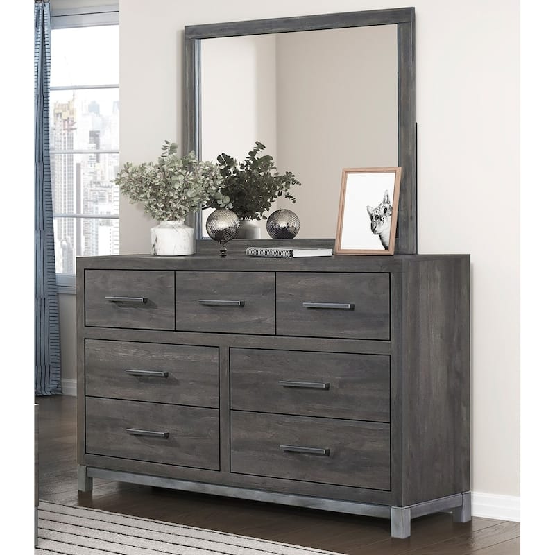 3pc Bedroom Furniture Brown Gray Finish Panel Bed Dresser Mirror Set