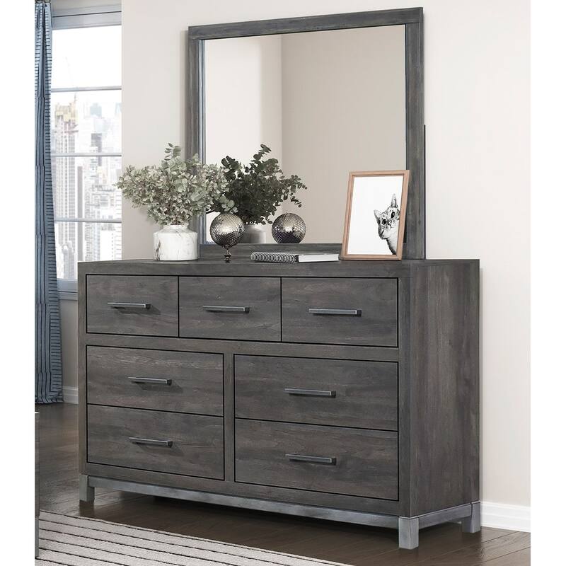 4pc Bedroom Set Bed Dresser Mirror Chest Brown Gray Furniture