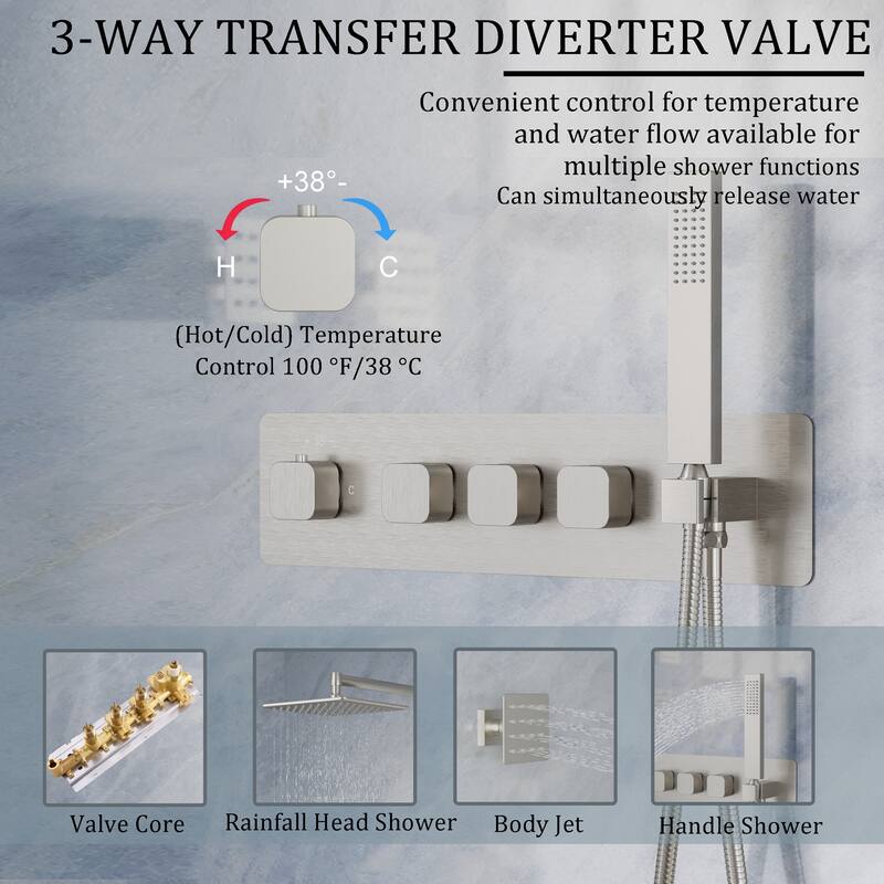 Thermostatic Shower System with 10" Ultra-Thin Square Shower Head,Body Jets And Hand Shower