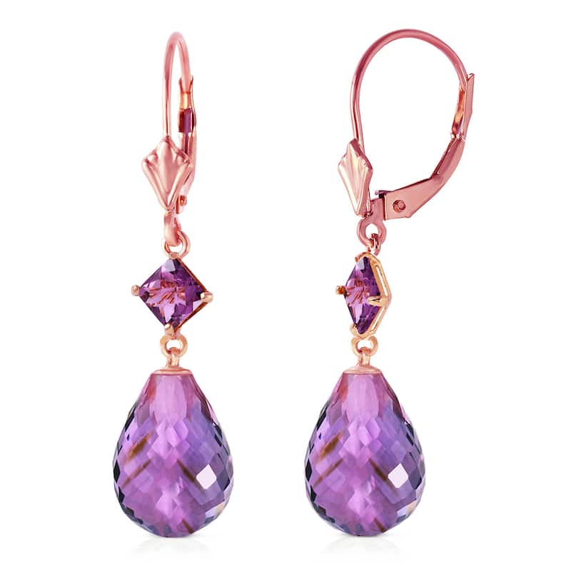 14K Solid Gold Leverback Elegant Gemstone Earrings Amethyst Jewelry - Rose