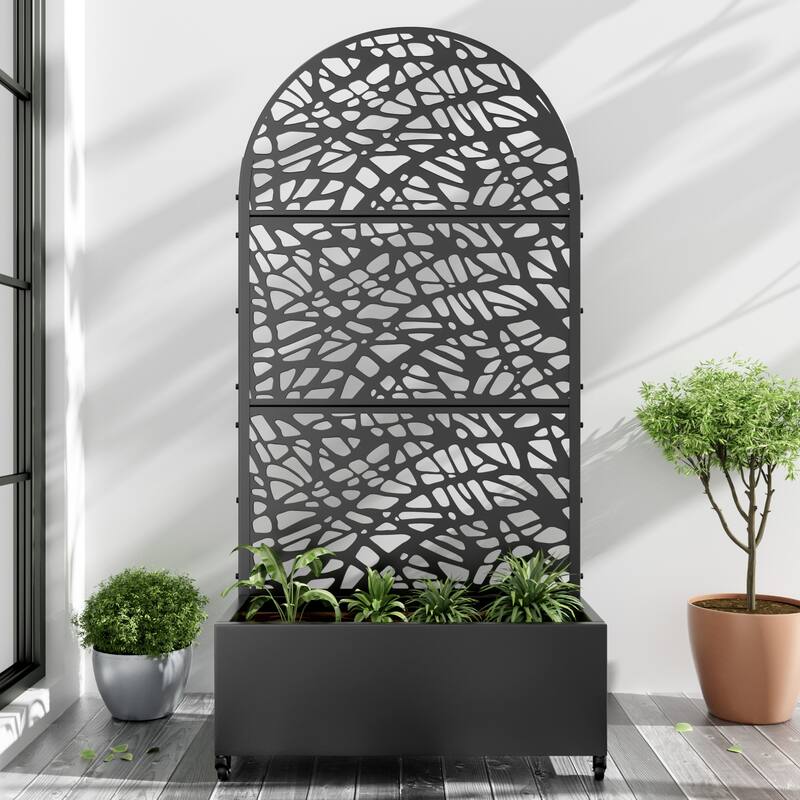 Metal Movable Planter Box with Trellis Privacy Screen Planter Box with Lockable Wheels - Black4