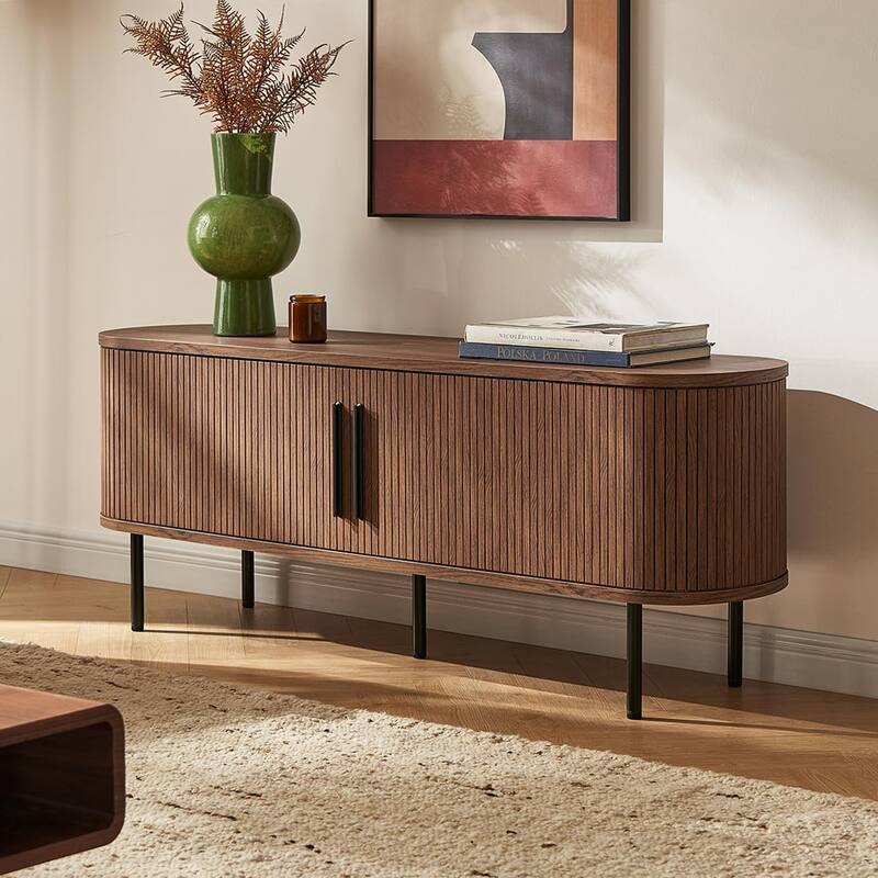 mopio Quin 59" Tambour TV Stand, Fluted Entertainment Center - Walnut