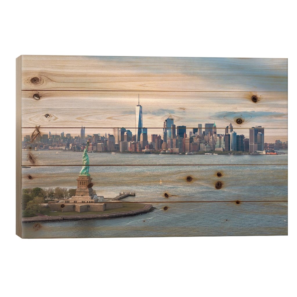 Statue Of Liberty, New York Harbor, Manhattan Skyline, New York City, New York, USA Print On Wood by Matteo Colombo