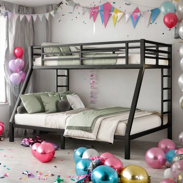 slide 2 of 9, Twin XL over Queen Metal Bunk Bed With 2 Side Ladder For Home Black