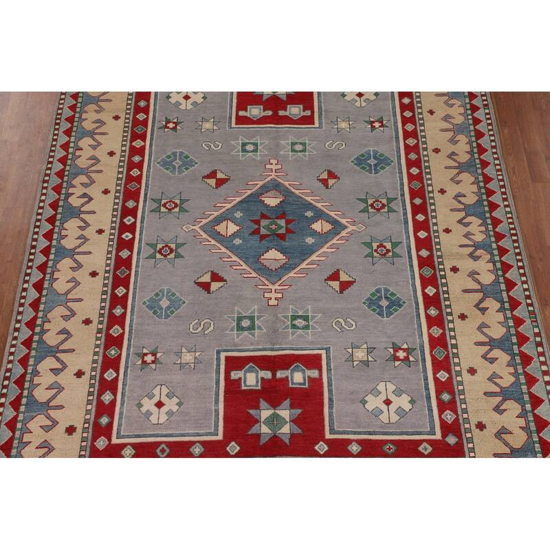 Gray Kazak Oriental Area Rug Dining Room Hand-Knotted Wool Carpet - 6'11" x 9'3"