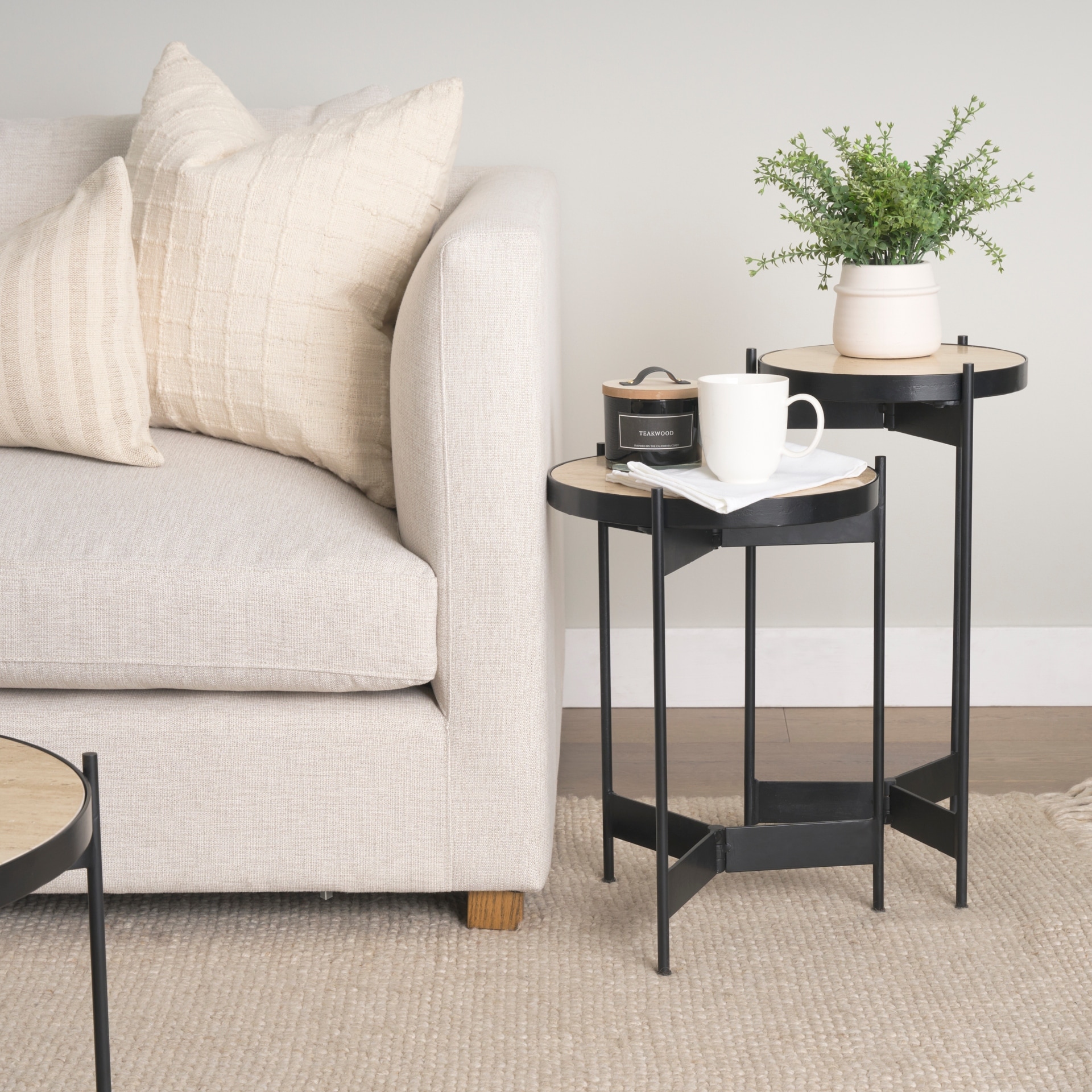 Mercana Wade Travertine Marble w/ Matte Black Metal End Tables