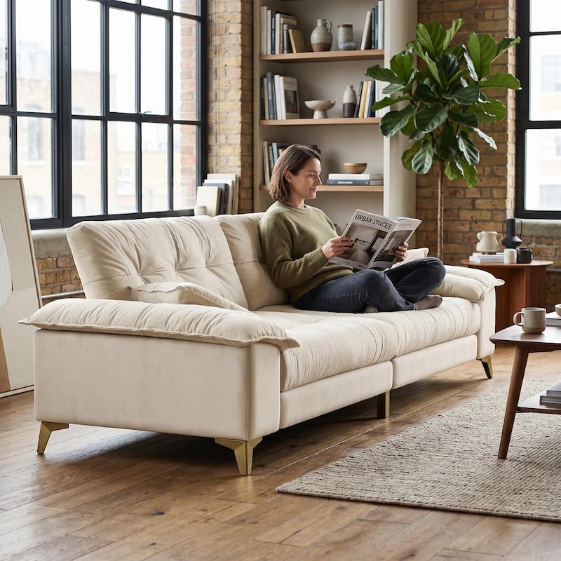 Homy Casa 4-Seat Cloud Sofa with Wide Removable Armrests & Pillows, Golden Legs, Beige Grey