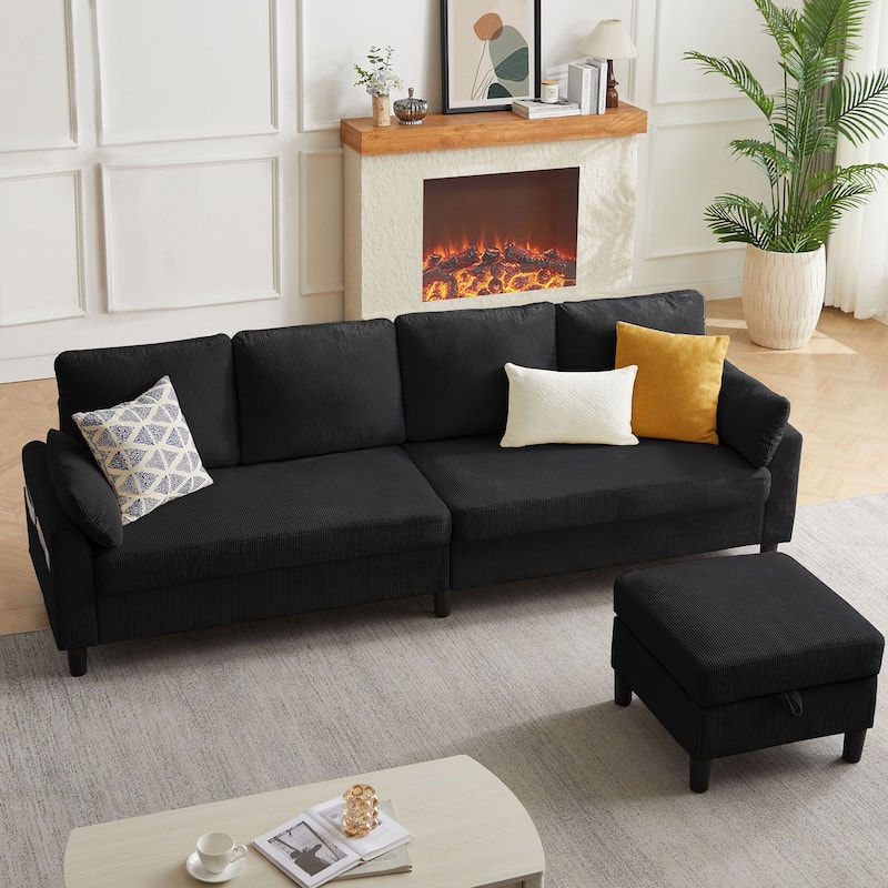 100.79" Corduroy L shaped Pillow Top Arm Sofa With Storage Bag