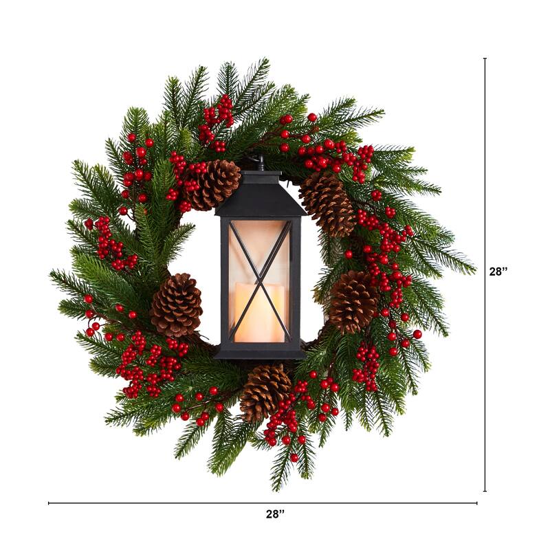 28" Berries and Pine Artificial Christmas Wreath with Lantern - Green - 28