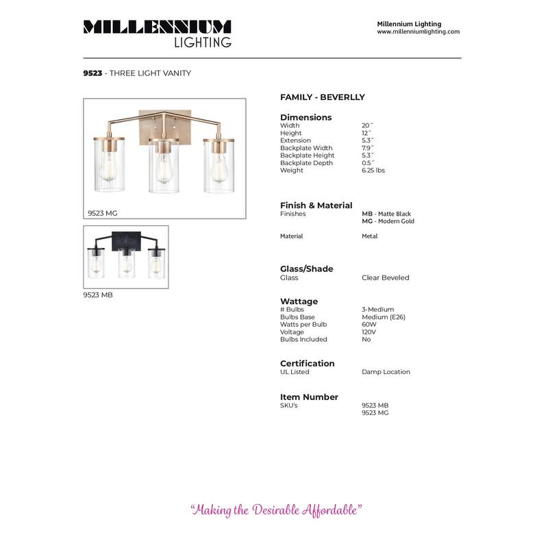 Millennium Lighting Beverlly Bathroom Vanity Light Fixture with Clear Beveled Glass Shades