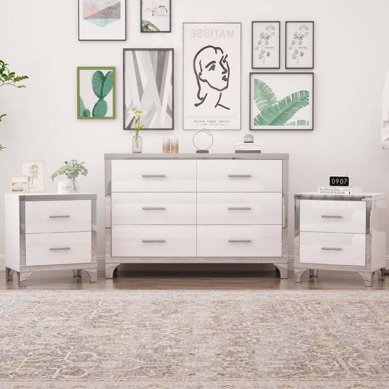 Elegant 3-Piece Mirror Decoration Bedroom Set with Dresser and 2 Nightstands - White