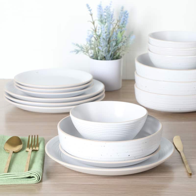 Gibson Home Dinah 16 Piece Double Bowl Stoneware Embossed Speckled Dinnerware Set