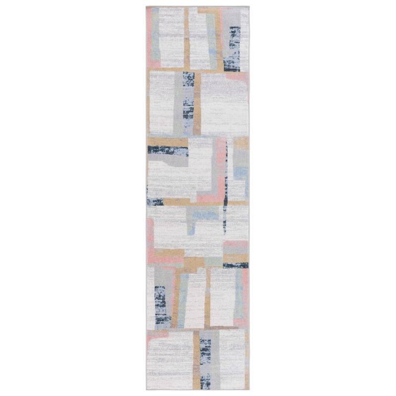 SAFAVIEH Bayside Machine Washable Shereen Mid-Century Modern Abstract Rug - 2'2" x 8' Runner - Ivory/Blue Rust