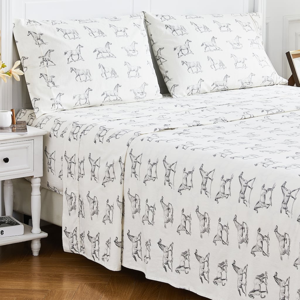 Cotton Flannel Collection Gray Horse Sheet Set