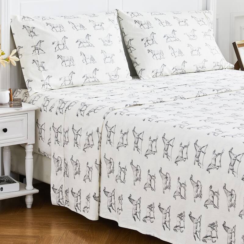 Cotton Flannel Collection Gray Horse Sheet Set
