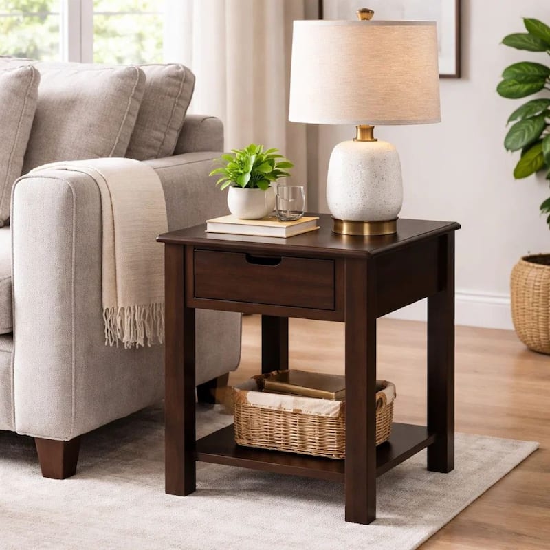 Xav 24 Inch End Table, Composite Wood, Open Shelf, Darkened Brown Finish