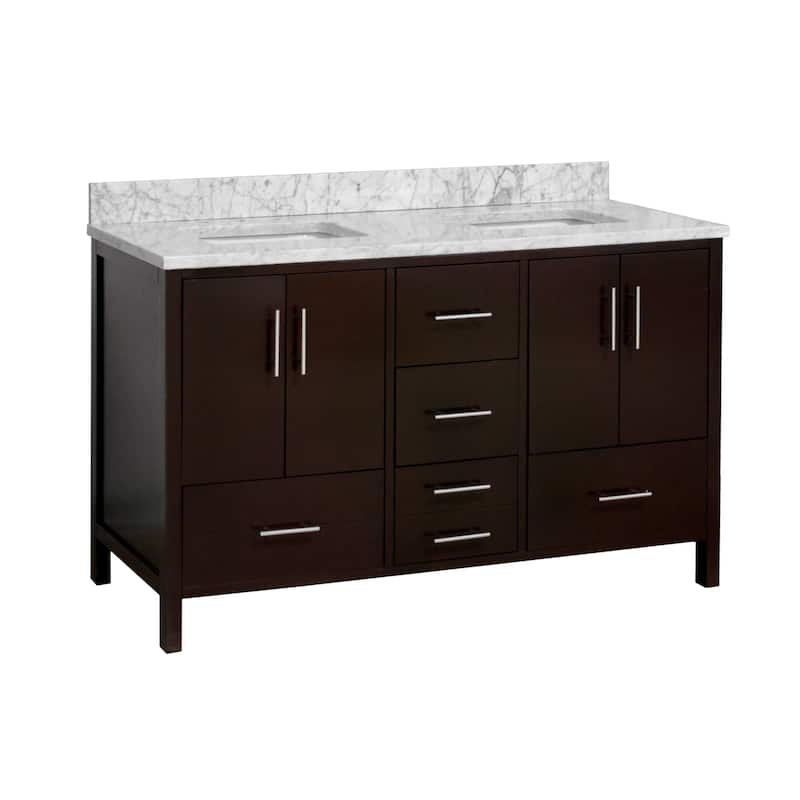 KitchenBathCollection California 60" Double Bathroom Vanity with Carrara Marble Top - Chocolate
