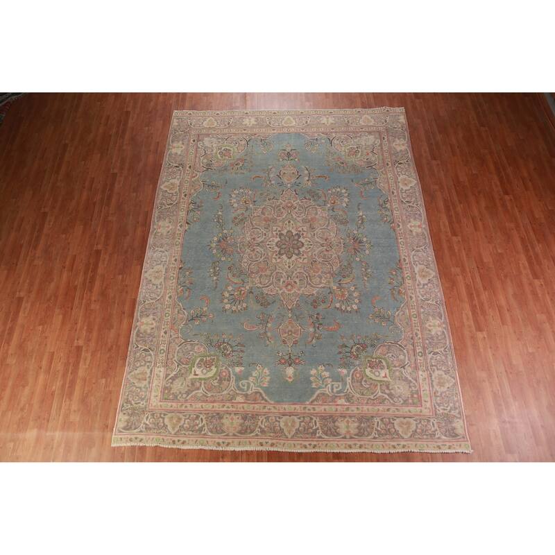 Light Blue Medallion Tabriz Persian Vintage Rug Handmade Wool Carpet - 9'2" x 12'5"