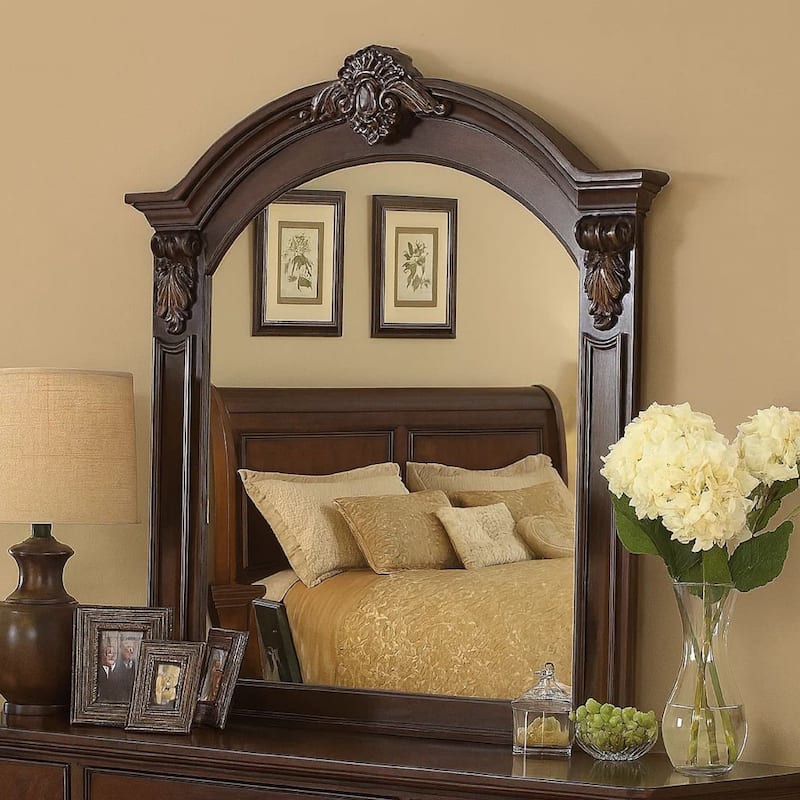 Scalloped Crown Top Wooden Frame Wall Mirror with Molded Details, Brown