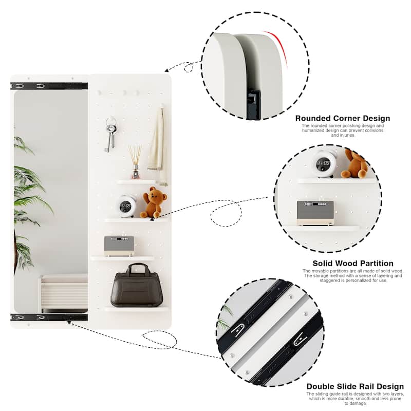 Wall Mounted Full Length Mirror with Shelf and Hook Wall Mounted Mirror with Multifunctional Design Panel(47.6*15.7in)