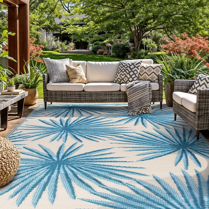 World Rug Gallery Floral Tropical Reversible Recycled Plastic Outdoor Rugs - 7'10"X10' - Blue