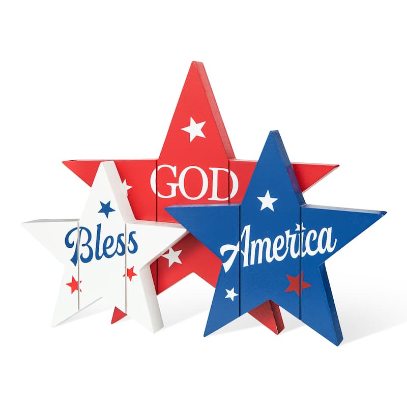 Glitzhome Wooden Patriotic/Americana Houses Stars Table Decor