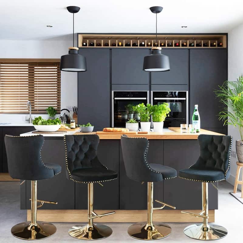 Velvet Upholstered Nailheads Tufted Swivel Bar Stools (Set of 4)