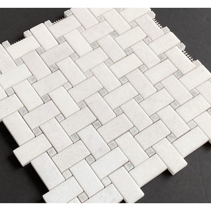 1 x 2 Thassos White Basketweave with Grey Dot Marble Mosaic Tiles - Case (10 Sheets)
