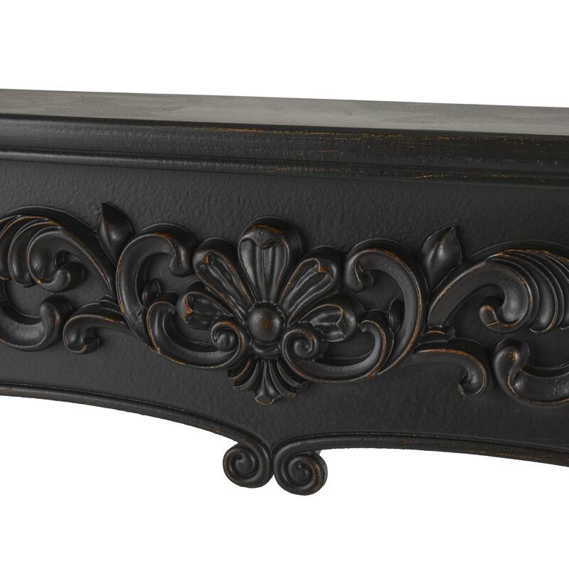 Black Wooden Freestanding Scroll Decorative Fireplace Mantle with Floral Accents - 9"W x 45"L x 43"H