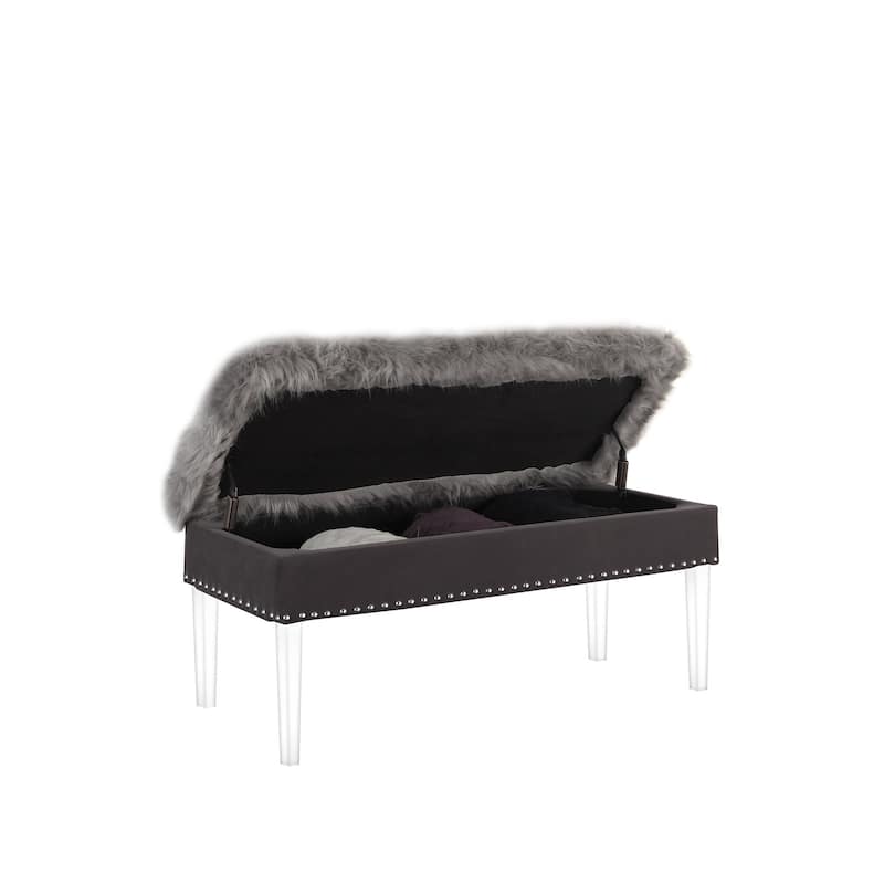 HomeRoots 42" Gray and Clear Upholstered Faux Fur Bench with Flip top
