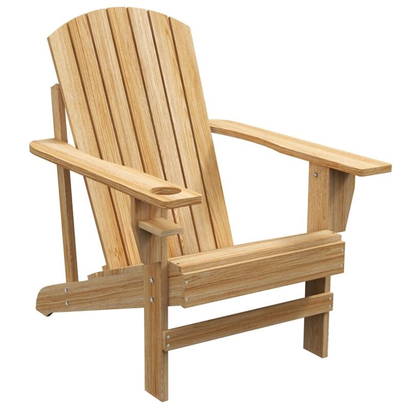 Comfortable Fir Wood Adirondack Chair with Tilt Slatted Back and Wide Armrests and Cup Holder - 28.5" W x 38.2" D x 36.6" H - Natural