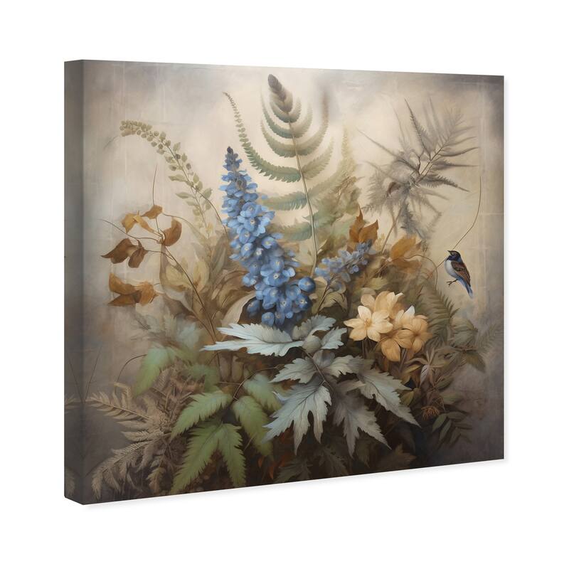 Wynwood Studio Canvas Floral and Botanical Little Bird in Still Life Blue and Violet Blue Traditional Wall Art Canvas Print
