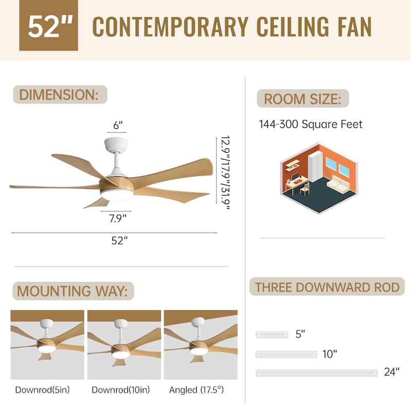 Sofucor Low Profile Ceiling Fan with Light and Remote Reversible Adjustable Rods LED Dimmable Light