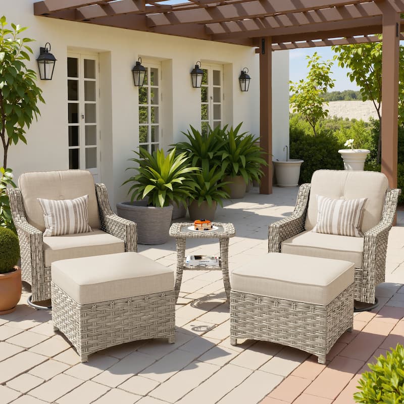 OVIOS 5 Pieces Outdoor Wicker Curved Swivel Chair Set With Ottoman - Beige