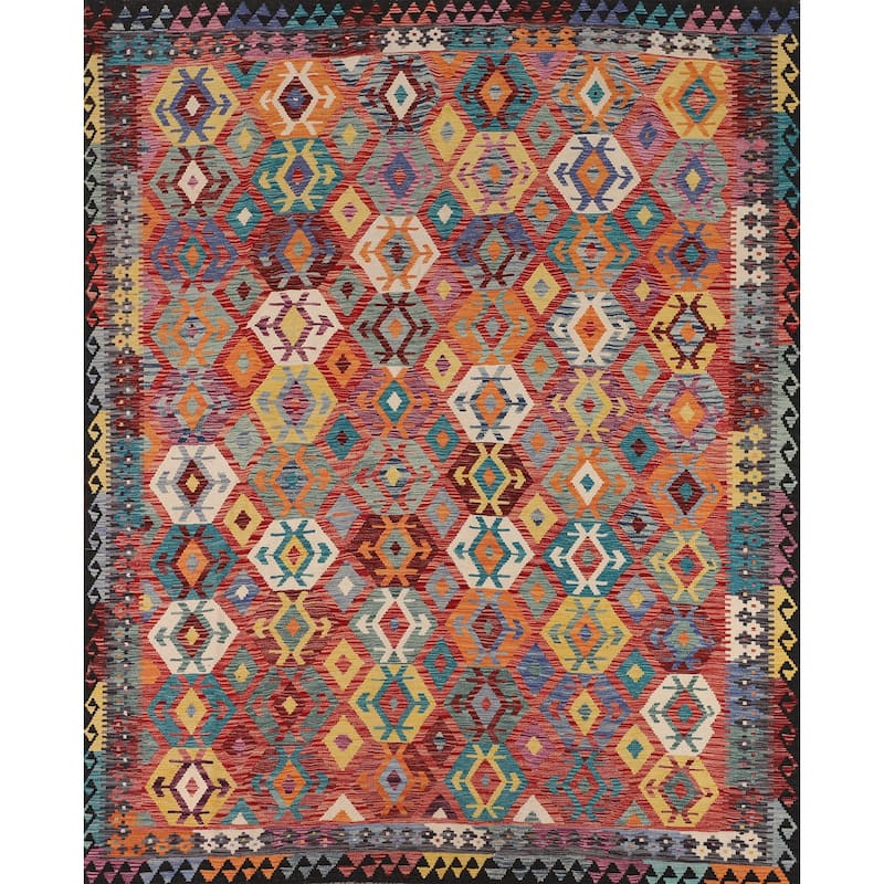 Multi-Color Geometric Kilim Area Rug Flatweave Wool Carpet - 8'5" x 9'6"
